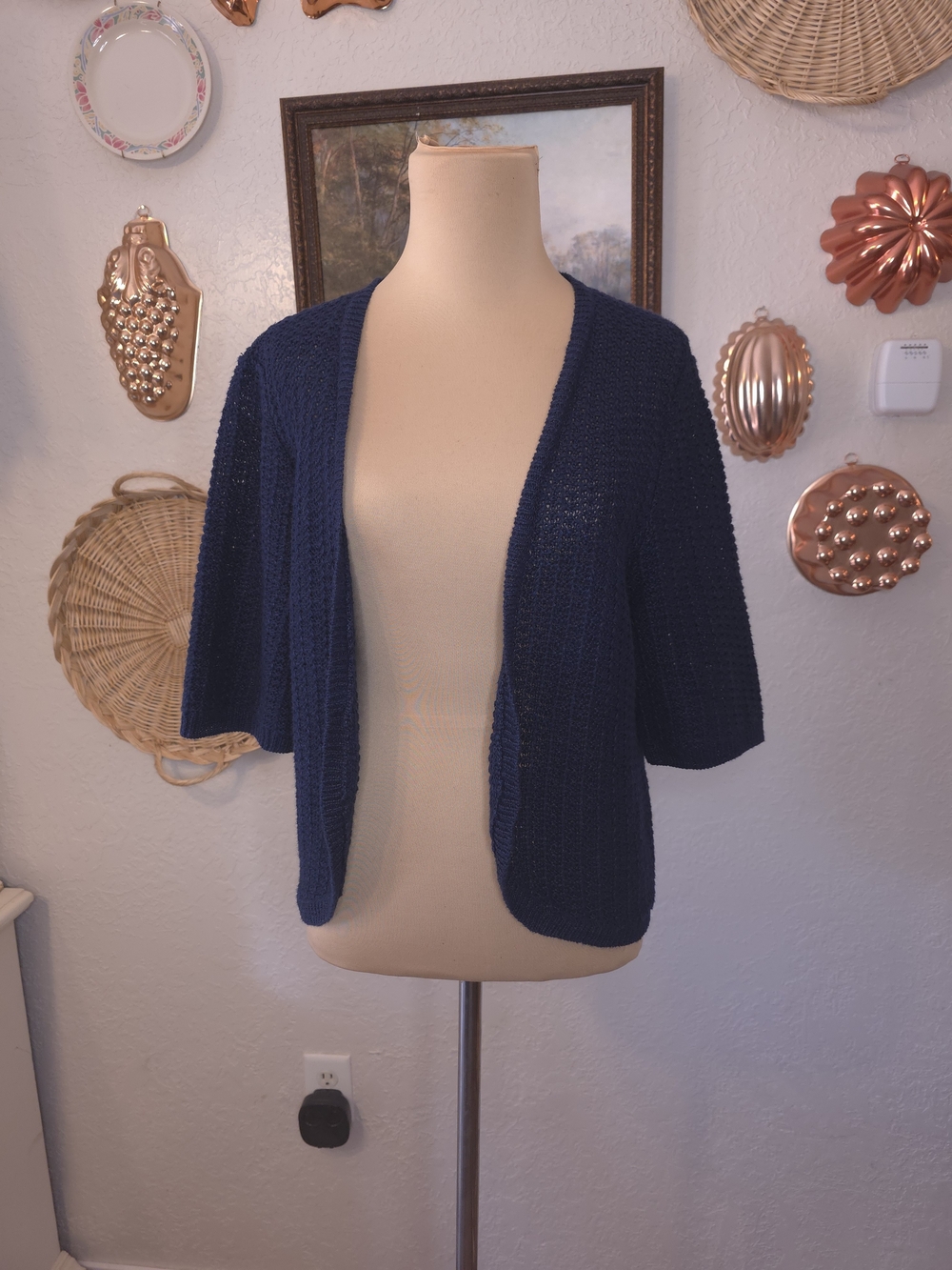 Lauren Ralph Lauren Navy 100% Linen Open Front Cardigan L Preppy Old Money